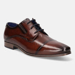 A brown Men's bugatti Derby featuring a round cap toe, moulded  heel. Made from premium genuine leather with a durable high quality synthetic outsole, this laces design offers both style and comfort.