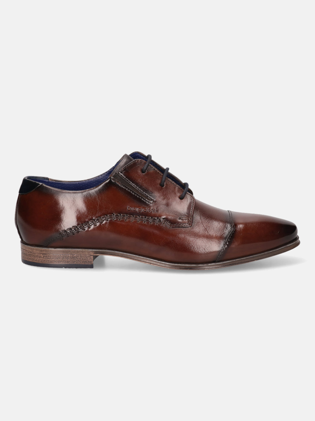 A brown Men's bugatti Derby featuring a round cap toe, moulded  heel. Made from premium genuine leather with a durable high quality synthetic outsole, this laces design offers both style and comfort.