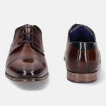 A brown Men's bugatti Derby featuring a round cap toe, moulded  heel. Made from premium genuine leather with a durable high quality synthetic outsole, this laces design offers both style and comfort.