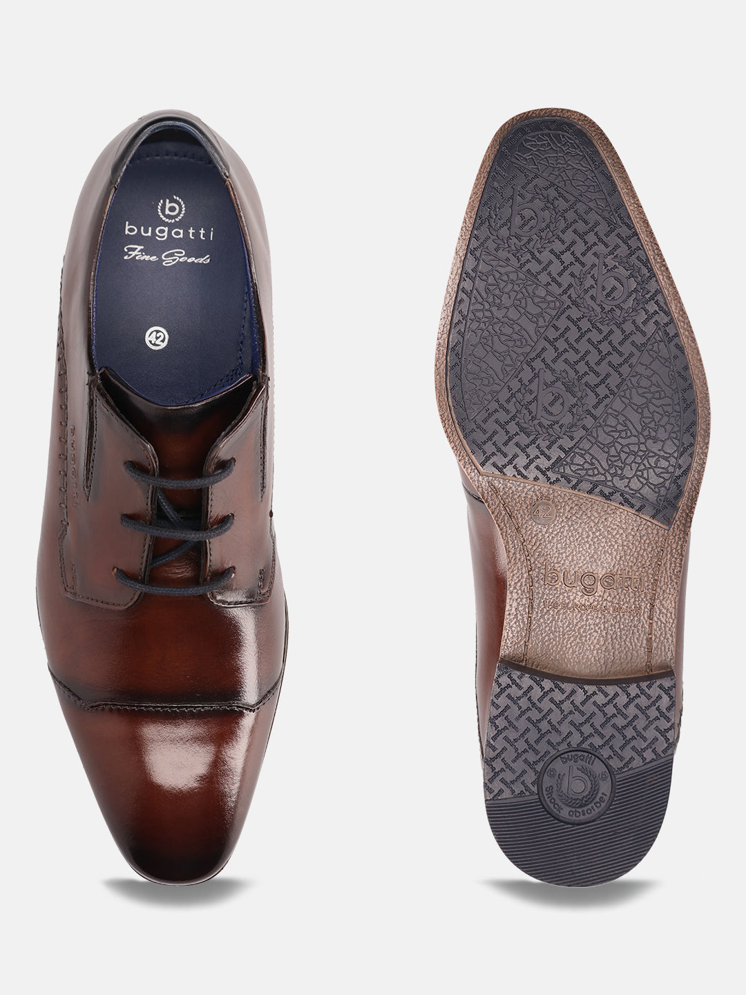A brown Men's bugatti Derby featuring a round cap toe, moulded  heel. Made from premium genuine leather with a durable high quality synthetic outsole, this laces design offers both style and comfort.