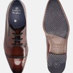 A brown Men's bugatti Derby featuring a round cap toe, moulded  heel. Made from premium genuine leather with a durable high quality synthetic outsole, this laces design offers both style and comfort.
