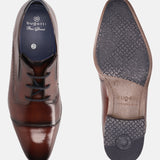 A brown Men's bugatti Derby featuring a round cap toe, moulded  heel. Made from premium genuine leather with a durable high quality synthetic outsole, this laces design offers both style and comfort.