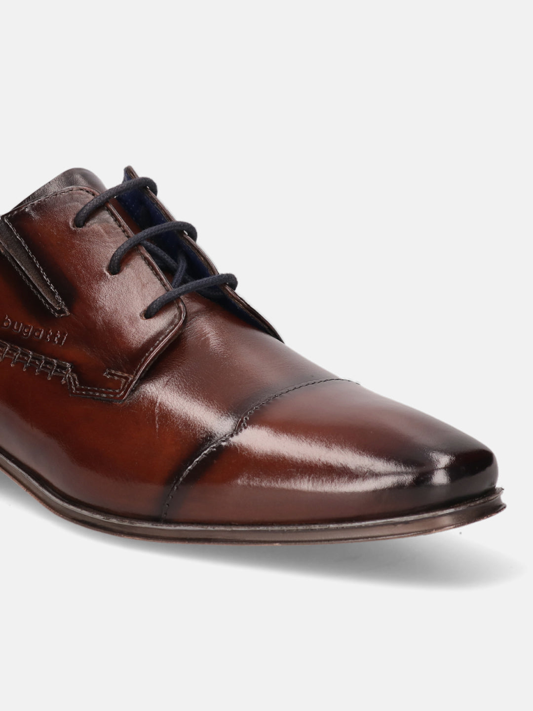 A brown Men's bugatti Derby featuring a round cap toe, moulded  heel. Made from premium genuine leather with a durable high quality synthetic outsole, this laces design offers both style and comfort.