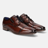 A brown Men's bugatti Derby featuring a round cap toe, moulded  heel. Made from premium genuine leather with a durable high quality synthetic outsole, this laces design offers both style and comfort.