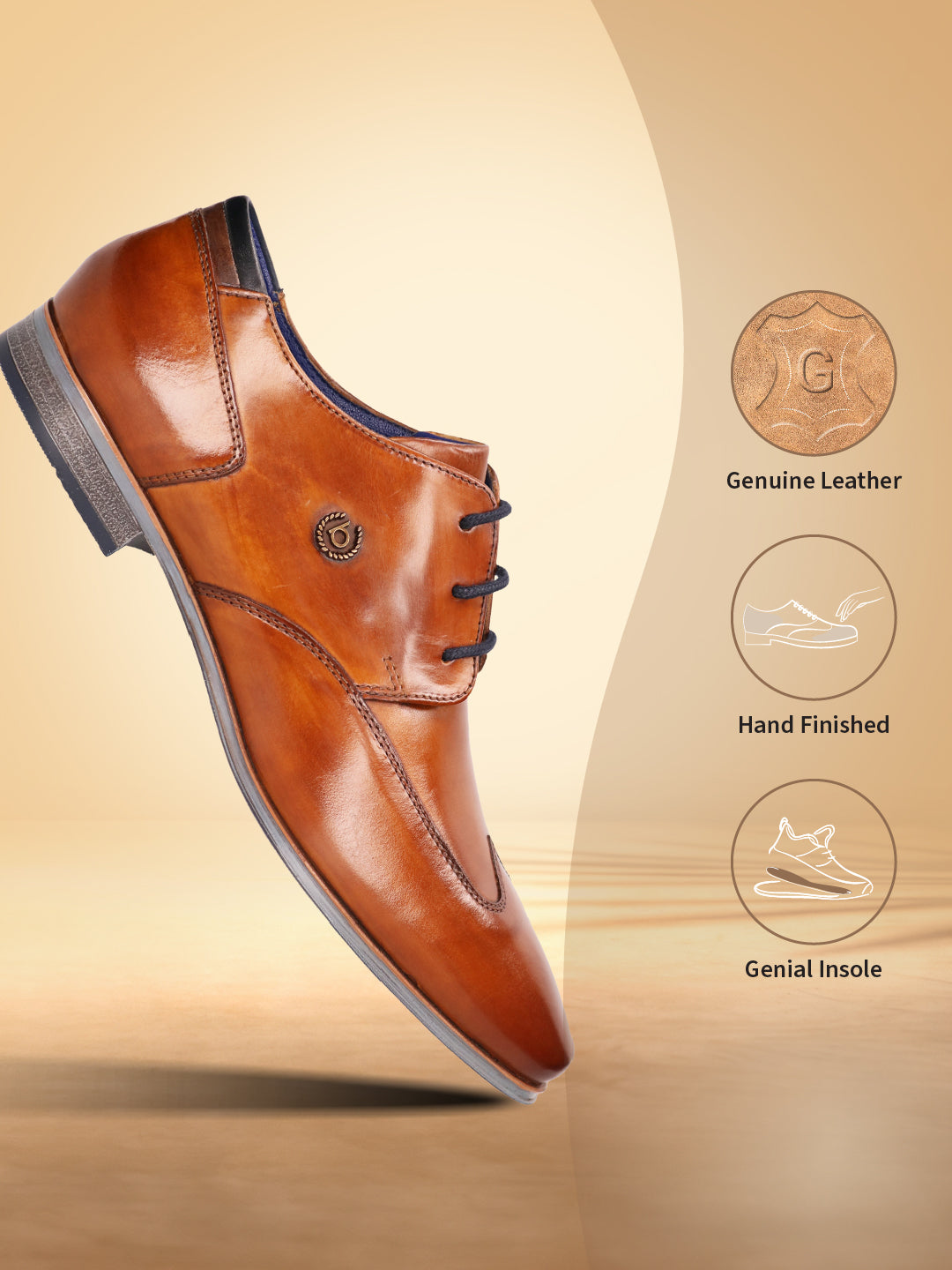 A cognac Men's bugatti Derby featuring a round wing tip, moulded  heel. Made from premium genuine leather with a durable high quality synthetic outsole, this laces design offers both style and comfort.