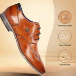 A cognac Men's bugatti Derby featuring a round wing tip, moulded  heel. Made from premium genuine leather with a durable high quality synthetic outsole, this laces design offers both style and comfort.