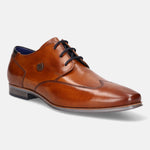 A cognac Men's bugatti Derby featuring a round wing tip, moulded  heel. Made from premium genuine leather with a durable high quality synthetic outsole, this laces design offers both style and comfort.