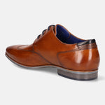 A cognac Men's bugatti Derby featuring a round wing tip, moulded  heel. Made from premium genuine leather with a durable high quality synthetic outsole, this laces design offers both style and comfort.