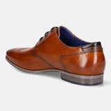 A cognac Men's bugatti Derby featuring a round wing tip, moulded  heel. Made from premium genuine leather with a durable high quality synthetic outsole, this laces design offers both style and comfort.