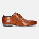 A cognac Men's bugatti Derby featuring a round wing tip, moulded  heel. Made from premium genuine leather with a durable high quality synthetic outsole, this laces design offers both style and comfort.