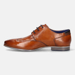 A cognac Men's bugatti Derby featuring a round wing tip, moulded  heel. Made from premium genuine leather with a durable high quality synthetic outsole, this laces design offers both style and comfort.