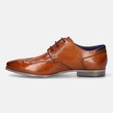 A cognac Men's bugatti Derby featuring a round wing tip, moulded  heel. Made from premium genuine leather with a durable high quality synthetic outsole, this laces design offers both style and comfort.
