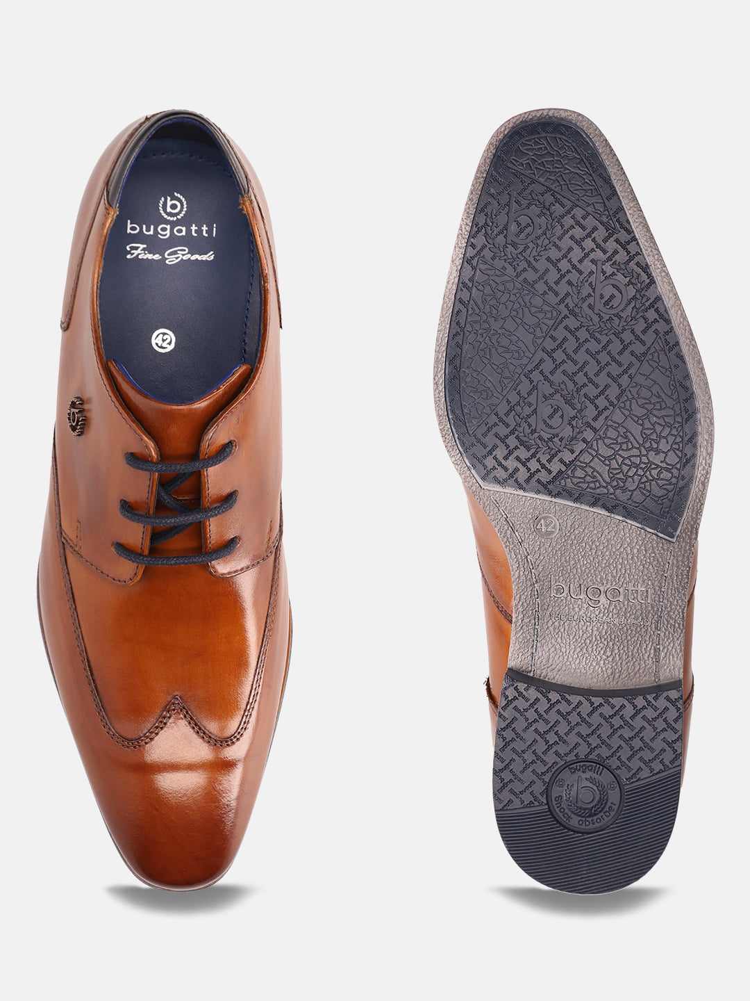 A cognac Men's bugatti Derby featuring a round wing tip, moulded  heel. Made from premium genuine leather with a durable high quality synthetic outsole, this laces design offers both style and comfort.