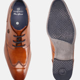 A cognac Men's bugatti Derby featuring a round wing tip, moulded  heel. Made from premium genuine leather with a durable high quality synthetic outsole, this laces design offers both style and comfort.