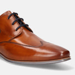 A cognac Men's bugatti Derby featuring a round wing tip, moulded  heel. Made from premium genuine leather with a durable high quality synthetic outsole, this laces design offers both style and comfort.