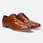 A cognac Men's bugatti Derby featuring a round wing tip, moulded  heel. Made from premium genuine leather with a durable high quality synthetic outsole, this laces design offers both style and comfort.