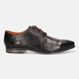 A black Men's bugatti Derby featuring a round plain toe, moulded heel. Made from premium genuine leather with a durable high quality synthetic outsole, this laces design offers both style and comfort.