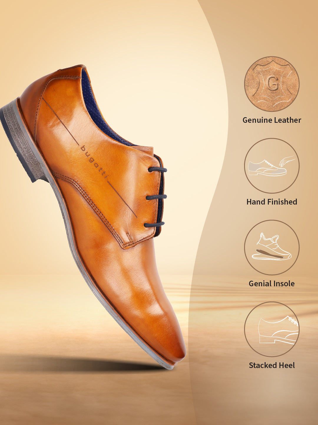 A yellow Men's bugatti Derby featuring a round plain toe, moulded  heel. Made from premium genuine leather with a durable high quality synthetic outsole, this laces design offers both style and comfort.