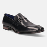 A black Men's bugatti Bit Loafer featuring a round toe apron toe, stacked heel. Made from premium genuine leather with a durable high quality synthetic outsole, this slip-on design offers both style and comfort.