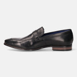 A black Men's bugatti Bit Loafer featuring a round toe apron toe, stacked heel. Made from premium genuine leather with a durable high quality synthetic outsole, this slip-on design offers both style and comfort.