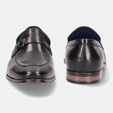 A black Men's bugatti Bit Loafer featuring a round toe apron toe, stacked heel. Made from premium genuine leather with a durable high quality synthetic outsole, this slip-on design offers both style and comfort.