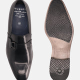 A black Men's bugatti Bit Loafer featuring a round toe apron toe, stacked heel. Made from premium genuine leather with a durable high quality synthetic outsole, this slip-on design offers both style and comfort.