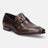 A brown Men's bugatti Bit Loafer featuring a round toe apron toe, stacked heel. Made from premium genuine leather with a durable high quality synthetic outsole, this slip-on design offers both style and comfort.