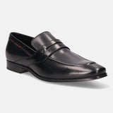 A black Men's bugatti Penny Loafer featuring a round toe apron toe, stacked heel. Made from premium genuine leather with a durable high quality synthetic outsole, this slip-on design offers both style and comfort.