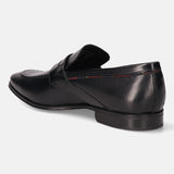 A black Men's bugatti Penny Loafer featuring a round toe apron toe, stacked heel. Made from premium genuine leather with a durable high quality synthetic outsole, this slip-on design offers both style and comfort.