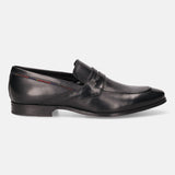 A black Men's bugatti Penny Loafer featuring a round toe apron toe, stacked heel. Made from premium genuine leather with a durable high quality synthetic outsole, this slip-on design offers both style and comfort.