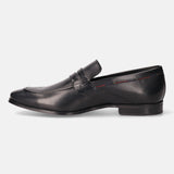 A black Men's bugatti Penny Loafer featuring a round toe apron toe, stacked heel. Made from premium genuine leather with a durable high quality synthetic outsole, this slip-on design offers both style and comfort.