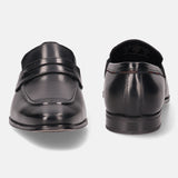A black Men's bugatti Penny Loafer featuring a round toe apron toe, stacked heel. Made from premium genuine leather with a durable high quality synthetic outsole, this slip-on design offers both style and comfort.