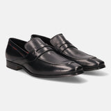 A black Men's bugatti Penny Loafer featuring a round toe apron toe, stacked heel. Made from premium genuine leather with a durable high quality synthetic outsole, this slip-on design offers both style and comfort.