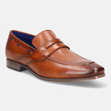 A cognac Men's bugatti Penny Loafer featuring a round toe apron toe, stacked heel. Made from premium genuine leather with a durable high quality synthetic outsole, this slip-on design offers both style and comfort.