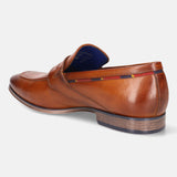 A cognac Men's bugatti Penny Loafer featuring a round toe apron toe, stacked heel. Made from premium genuine leather with a durable high quality synthetic outsole, this slip-on design offers both style and comfort.
