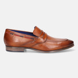 A cognac Men's bugatti Penny Loafer featuring a round toe apron toe, stacked heel. Made from premium genuine leather with a durable high quality synthetic outsole, this slip-on design offers both style and comfort.