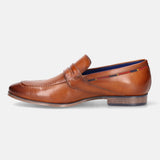 A cognac Men's bugatti Penny Loafer featuring a round toe apron toe, stacked heel. Made from premium genuine leather with a durable high quality synthetic outsole, this slip-on design offers both style and comfort.