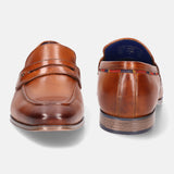 A cognac Men's bugatti Penny Loafer featuring a round toe apron toe, stacked heel. Made from premium genuine leather with a durable high quality synthetic outsole, this slip-on design offers both style and comfort.