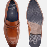 A cognac Men's bugatti Penny Loafer featuring a round toe apron toe, stacked heel. Made from premium genuine leather with a durable high quality synthetic outsole, this slip-on design offers both style and comfort.