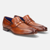 A cognac Men's bugatti Penny Loafer featuring a round toe apron toe, stacked heel. Made from premium genuine leather with a durable high quality synthetic outsole, this slip-on design offers both style and comfort.