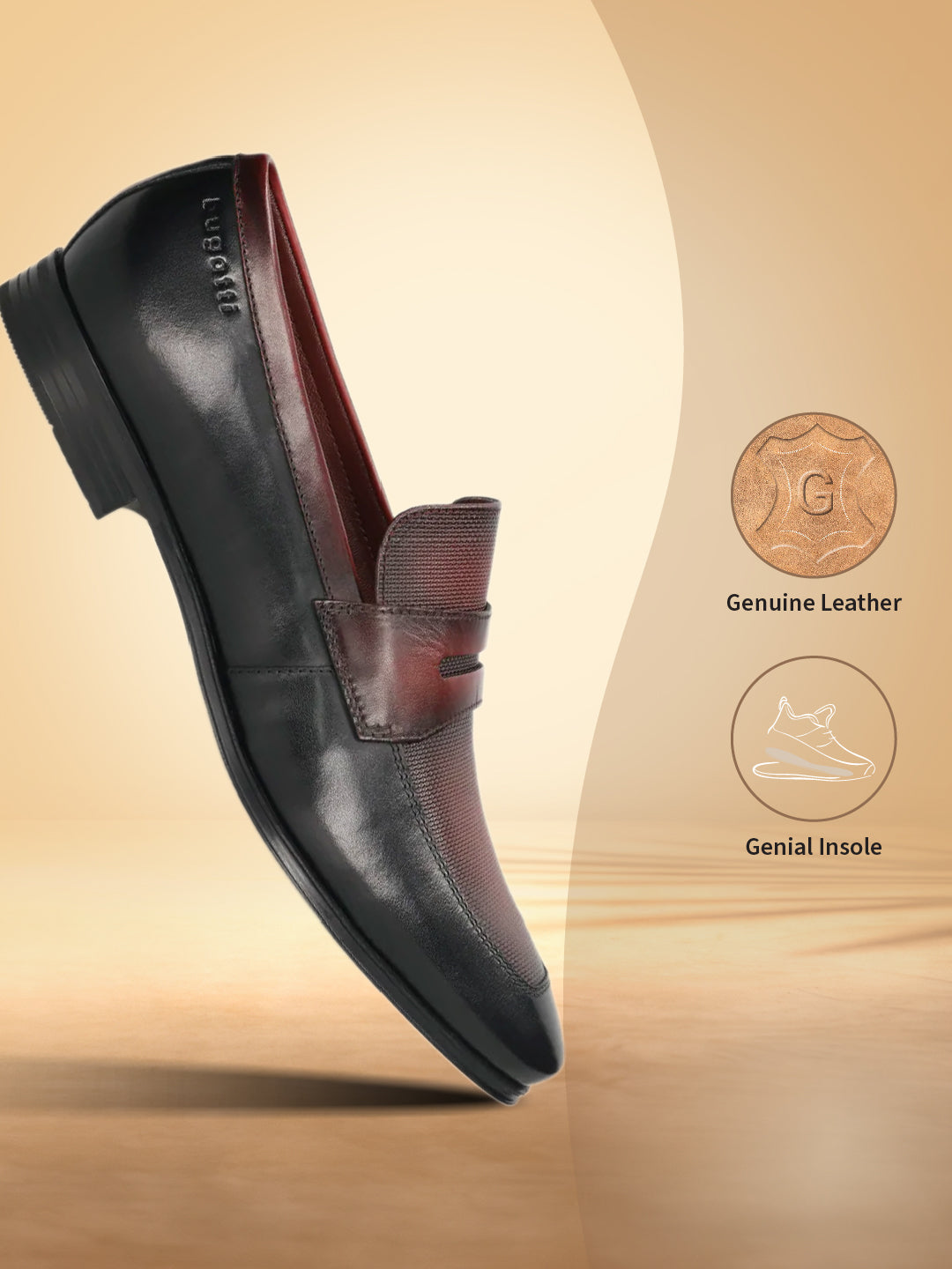 A black Men's bugatti Penny Loafer featuring a round toe apron toe, moulded  heel. Made from premium genuine leather with a durable high quality synthetic outsole, this slip-on design offers both style and comfort.