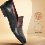 A black Men's bugatti Penny Loafer featuring a round toe apron toe, moulded  heel. Made from premium genuine leather with a durable high quality synthetic outsole, this slip-on design offers both style and comfort.