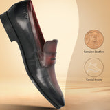 A black Men's bugatti Penny Loafer featuring a round toe apron toe, moulded  heel. Made from premium genuine leather with a durable high quality synthetic outsole, this slip-on design offers both style and comfort.