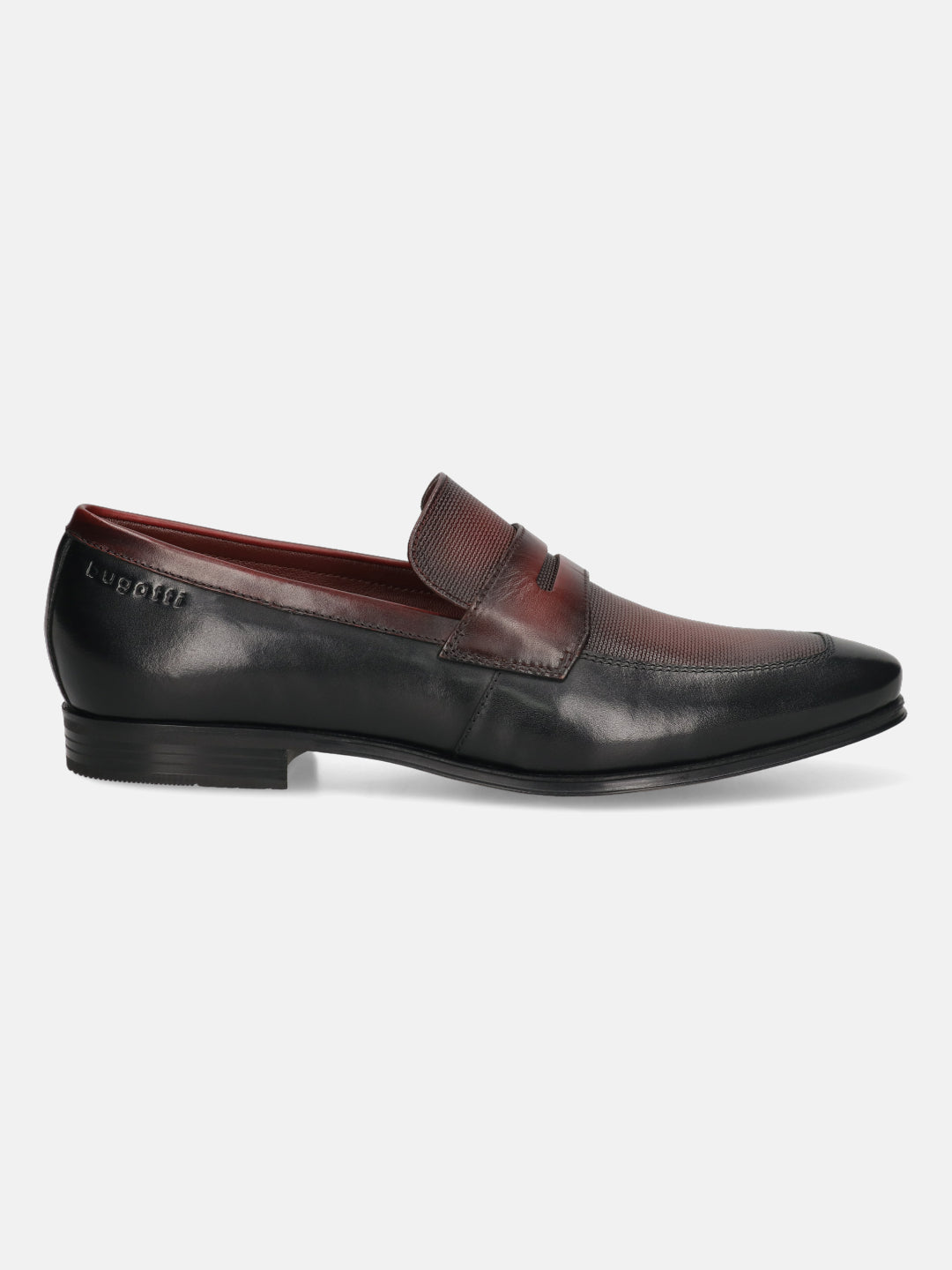 A black Men's bugatti Penny Loafer featuring a round toe apron toe, moulded  heel. Made from premium genuine leather with a durable high quality synthetic outsole, this slip-on design offers both style and comfort.