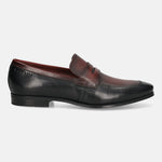 A black Men's bugatti Penny Loafer featuring a round toe apron toe, moulded  heel. Made from premium genuine leather with a durable high quality synthetic outsole, this slip-on design offers both style and comfort.