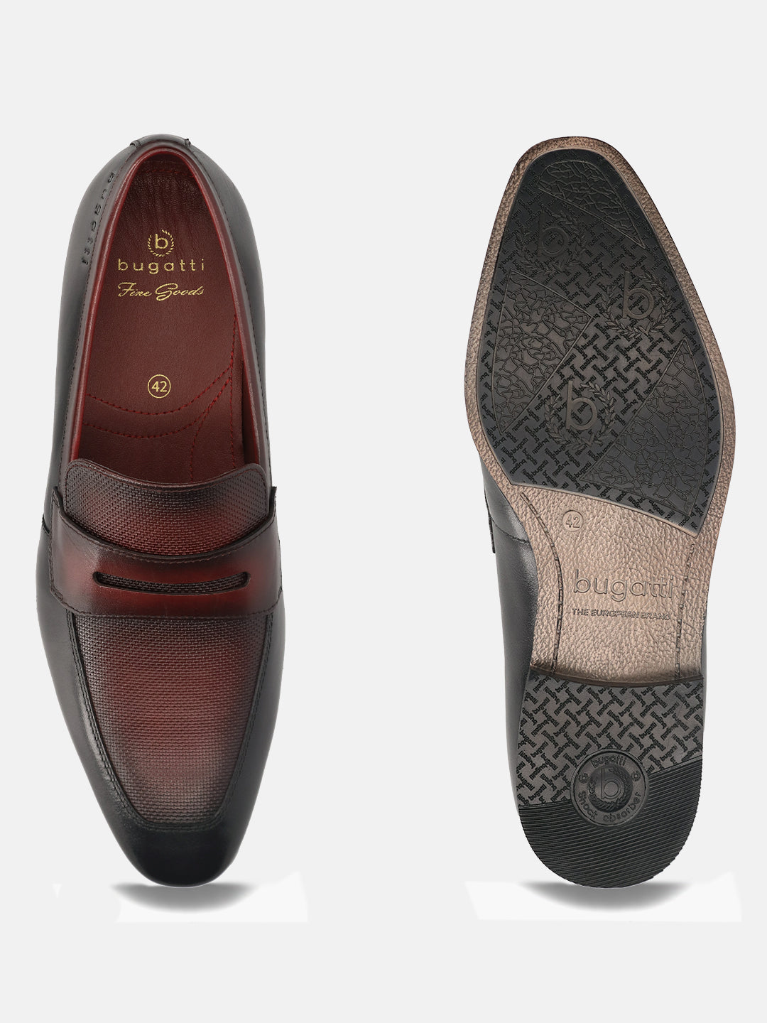 A black Men's bugatti Penny Loafer featuring a round toe apron toe, moulded  heel. Made from premium genuine leather with a durable high quality synthetic outsole, this slip-on design offers both style and comfort.