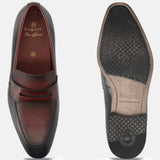 A black Men's bugatti Penny Loafer featuring a round toe apron toe, moulded  heel. Made from premium genuine leather with a durable high quality synthetic outsole, this slip-on design offers both style and comfort.