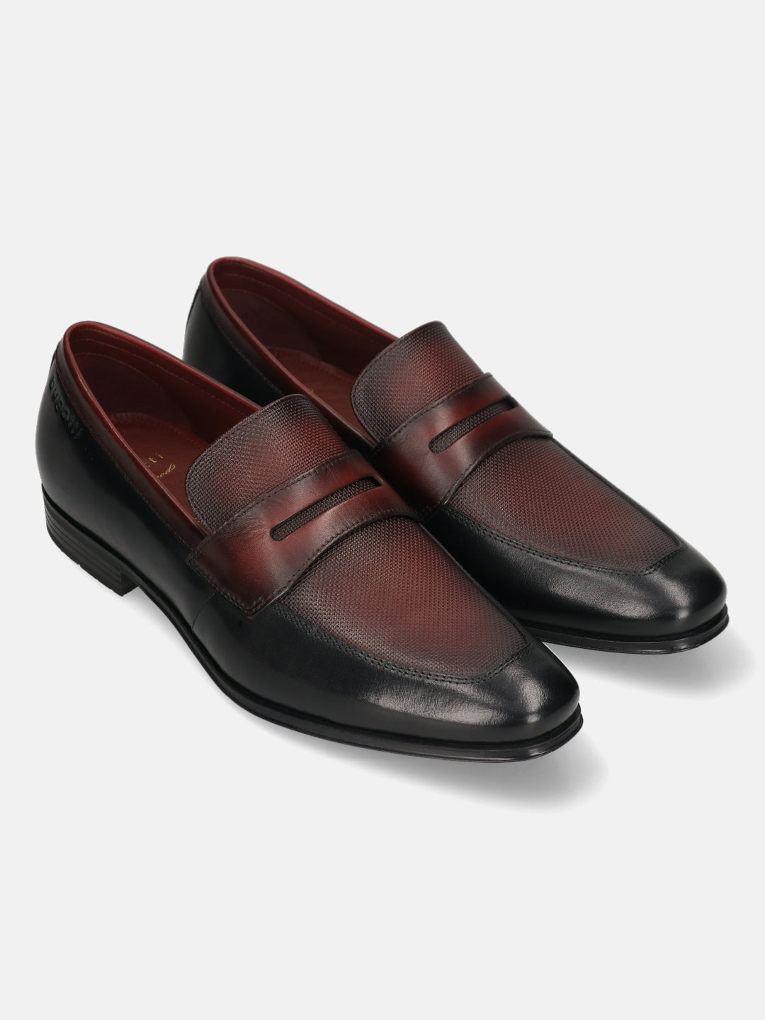 A black Men's bugatti Penny Loafer featuring a round toe apron toe, moulded  heel. Made from premium genuine leather with a durable high quality synthetic outsole, this slip-on design offers both style and comfort.