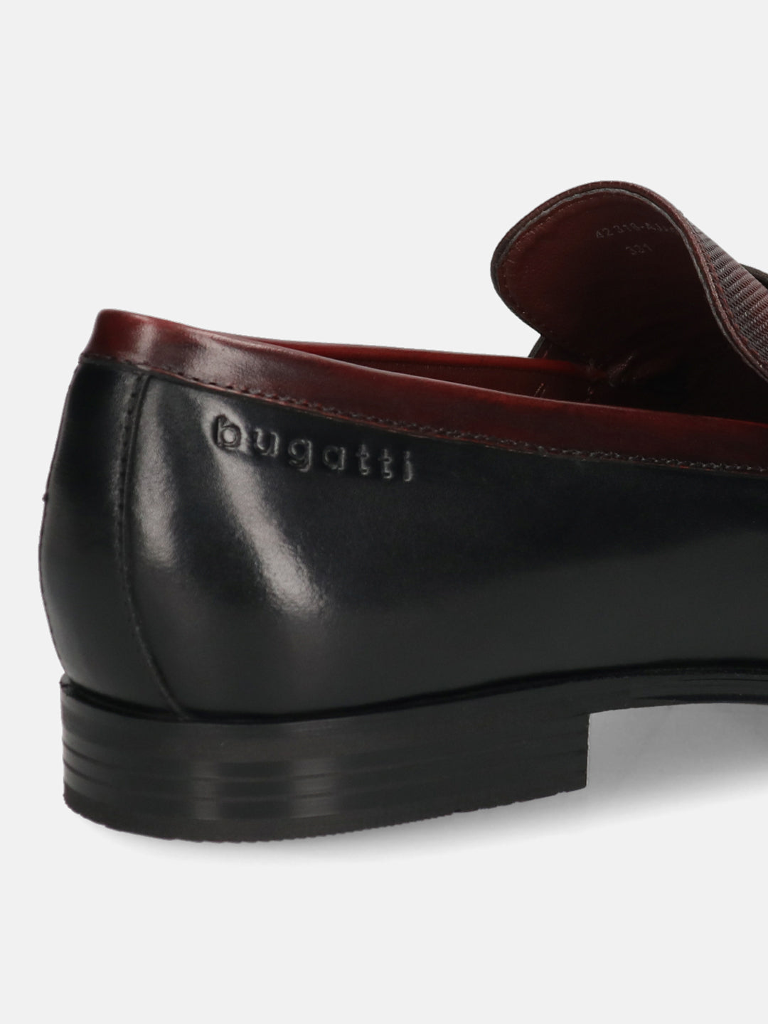 A black Men's bugatti Penny Loafer featuring a round toe apron toe, moulded  heel. Made from premium genuine leather with a durable high quality synthetic outsole, this slip-on design offers both style and comfort.