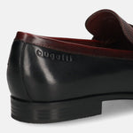 A black Men's bugatti Penny Loafer featuring a round toe apron toe, moulded  heel. Made from premium genuine leather with a durable high quality synthetic outsole, this slip-on design offers both style and comfort.